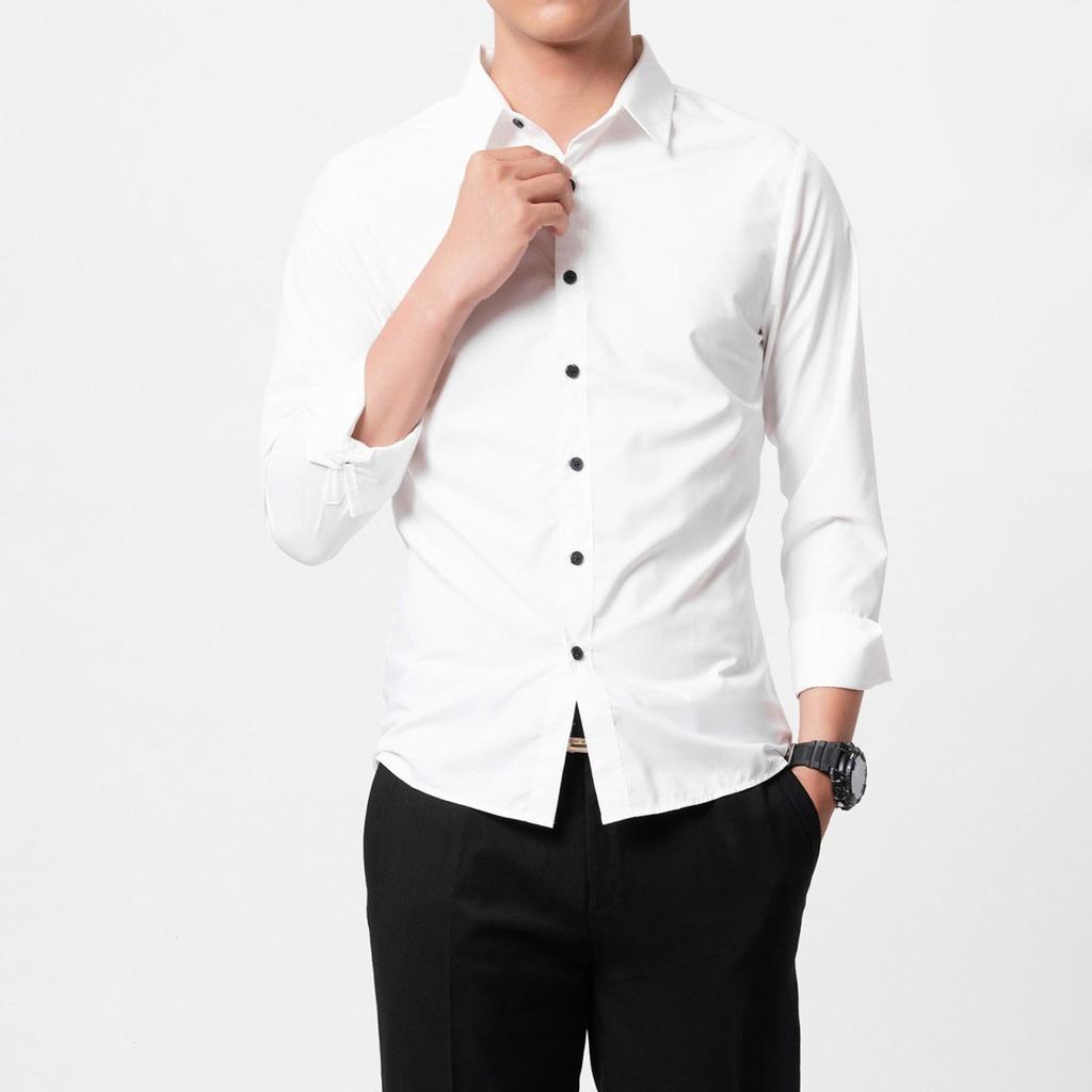 Áo Sơ Mi Nam Công Sở Hàn Quốc, Chất Liệu Cao Cấp, Thời Trang - Trắng cúc đen - M