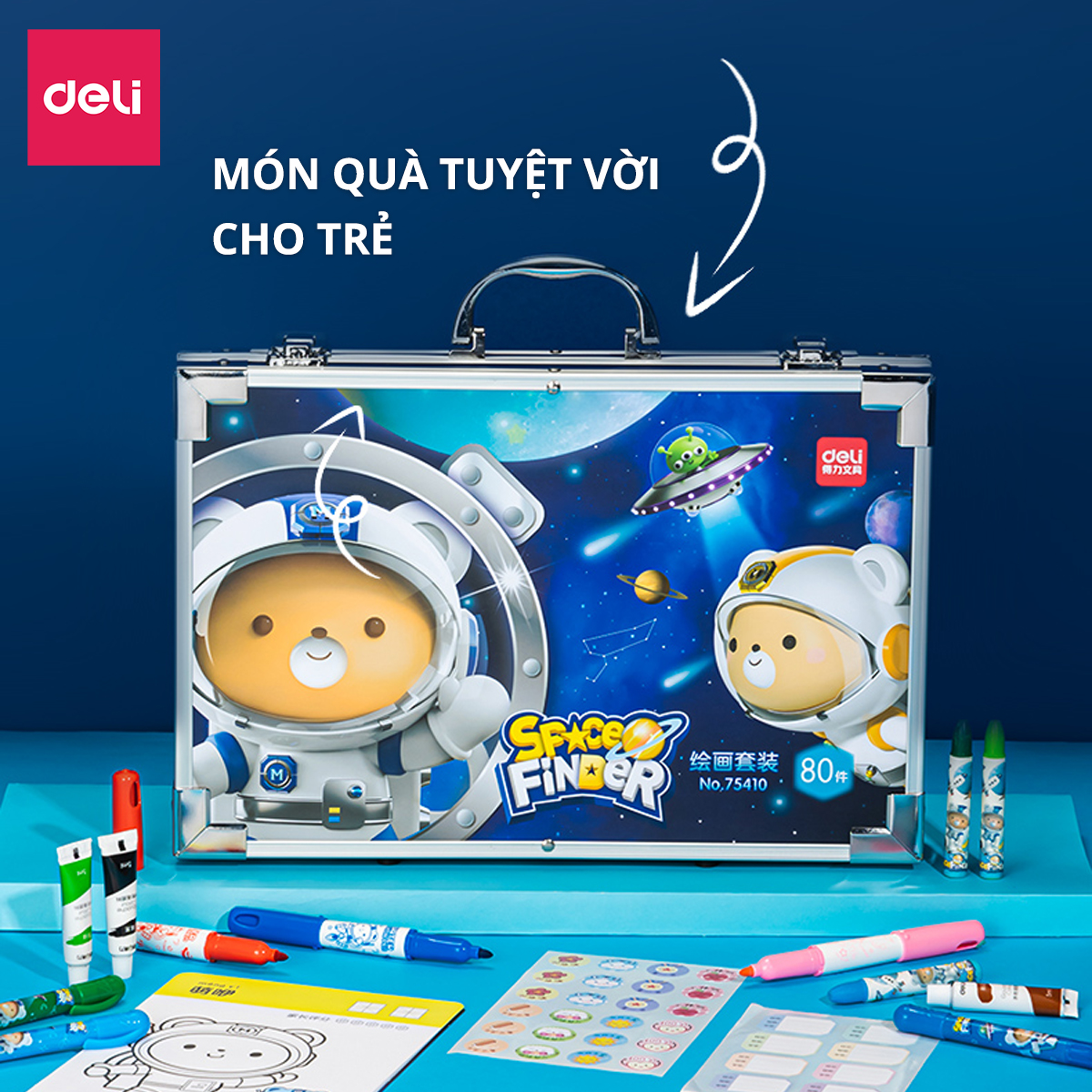 Hộp Bút Màu Tô Vẽ Tranh Cho Bé Đầy Đủ Các Dạng Màu Deli - Kèm Sticker Khay Pha Màu Tẩy Bút Chì Gọt Bút Đi Nét Tranh Tô Màu - Quà Tặng Cho Bé 