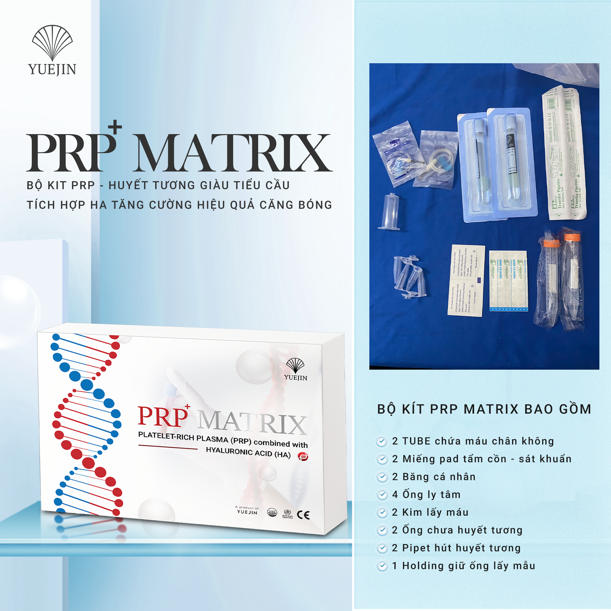 [Mới] PRP Kit tích hợp HA mang lại hiệu quả căng bóng - Huyết Tương Giàu Tiểu Cầu PRP Matrix Yuejin, có sẵn chất hoạt hóa