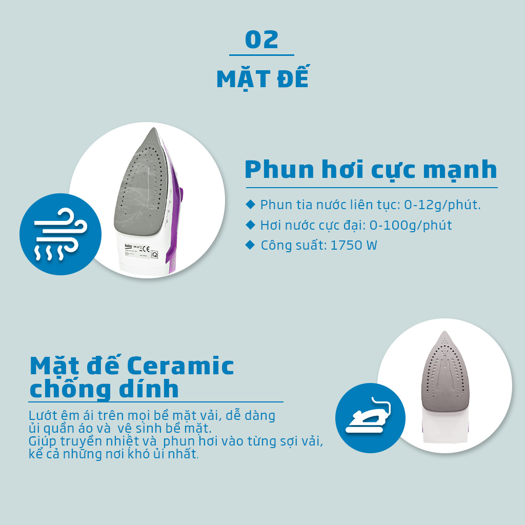 Bàn Ủi Hơi Nước BEKO Mặt Đế Phủ Lớp Chống Dính Ceramic SIM3617 – Hàng Chính Hãng