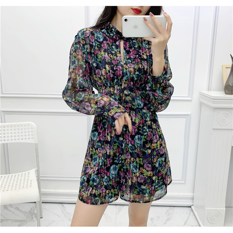 Đầm hoa cổ trụ tay dài - A10S