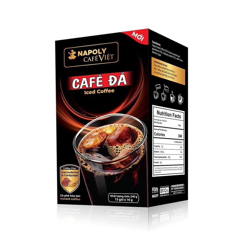 Cà phê hoà tan đen đá 2in1 bổ sung Nấm Linh chi và Đông trùng hạ thảo Napoli Coffee hộp 15 gói x 16gr