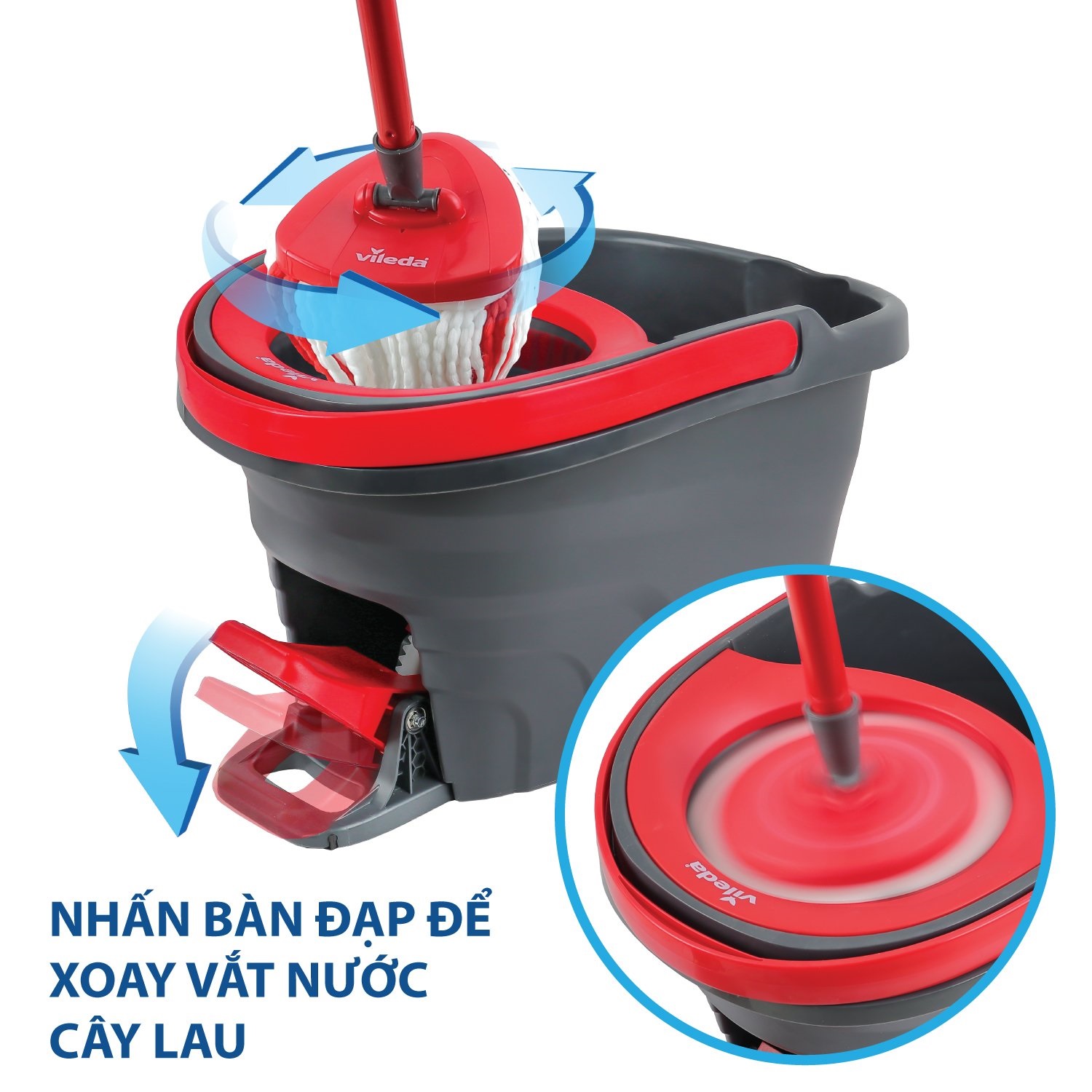 Cây lau nhà VILEDA Turbo Easy Wring&Clean đầu lau tam giác, xô giặt quay bằng chân