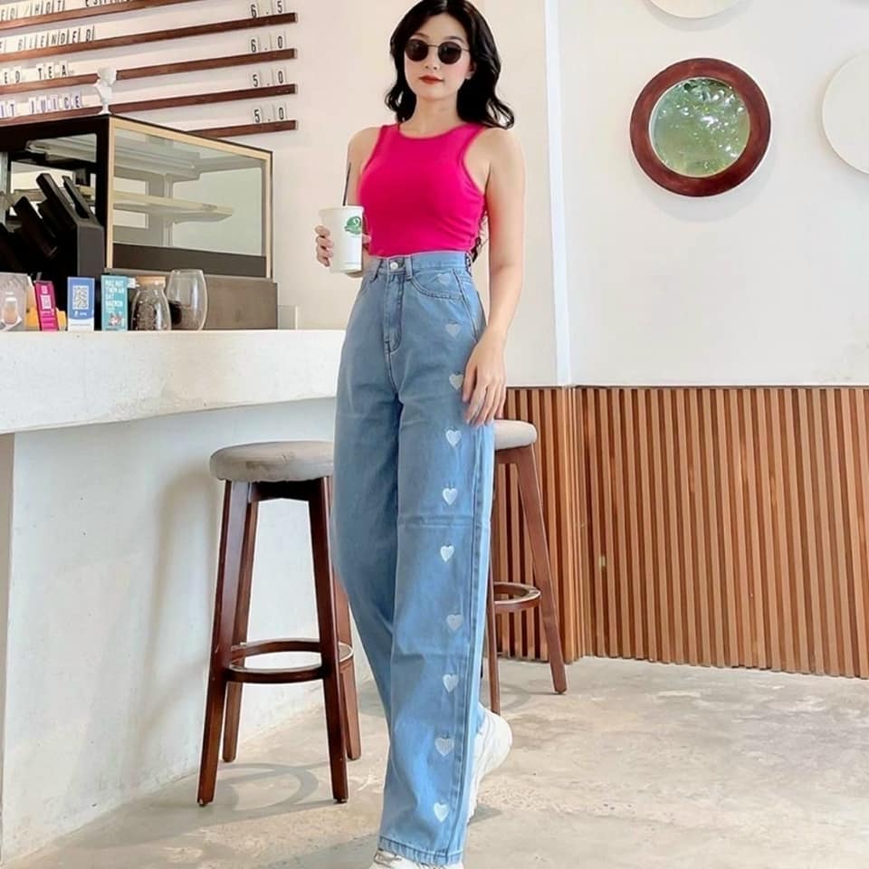 Quần Jeans Nữ, Quần Bò Nữ  Ống Rộng Cạp Cao Họa Tiết Trái Tim Phong Cách Thời Trang Hàn Quốc