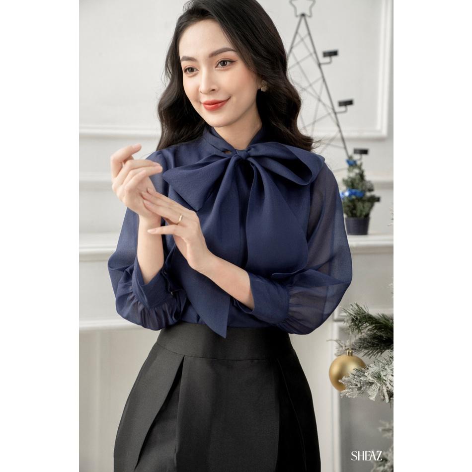 SHEAZ Áo Sơ Mi Tơ Xanh Nước Biển Cổ Nơ Tay Lỡ Phong Cách Hàn Quốc