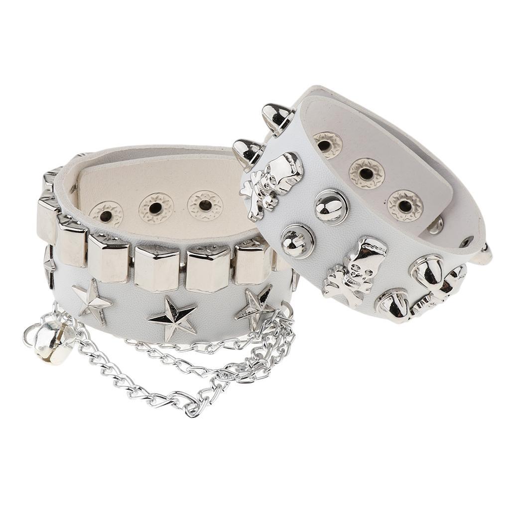 Layered Gothic  Bracelet Rivet Leather Cuff Bangle Wristband White