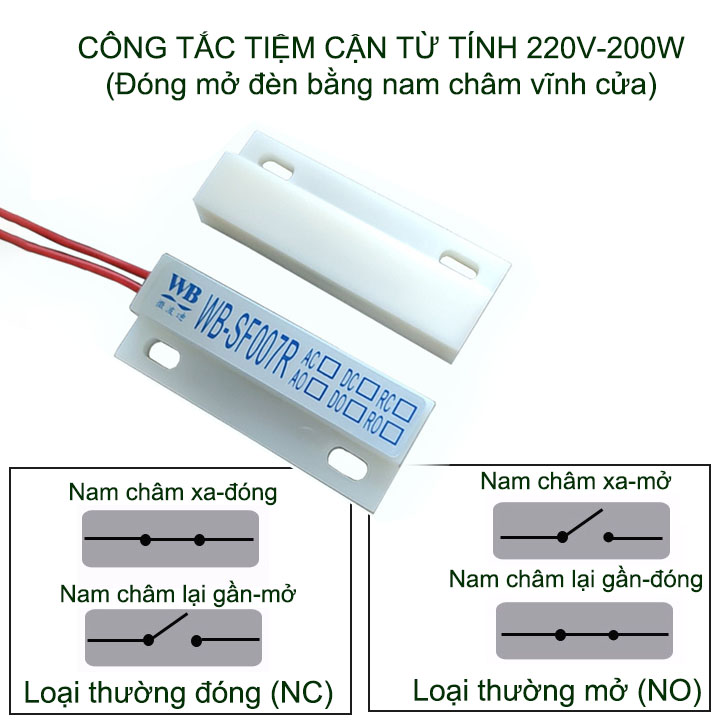 Công tắc từ tính 220V-200W WB-SF007R, đóng mở bằng nam châm vĩnh cửu, thường đóng-mở tùy chọn