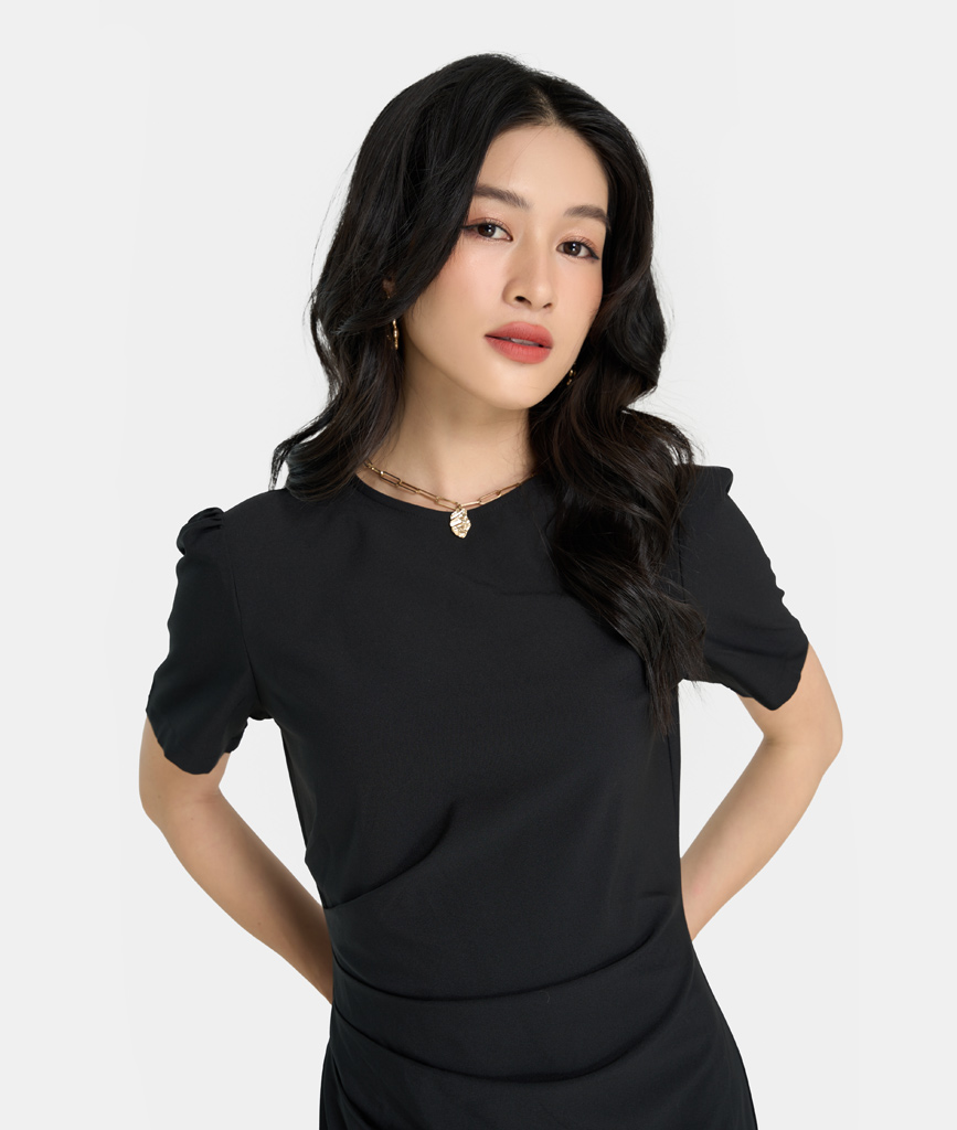 Đầm Lửng Nữ Thời Trang HNOSS Xếp Eo Tay Ngắn HNDLU058