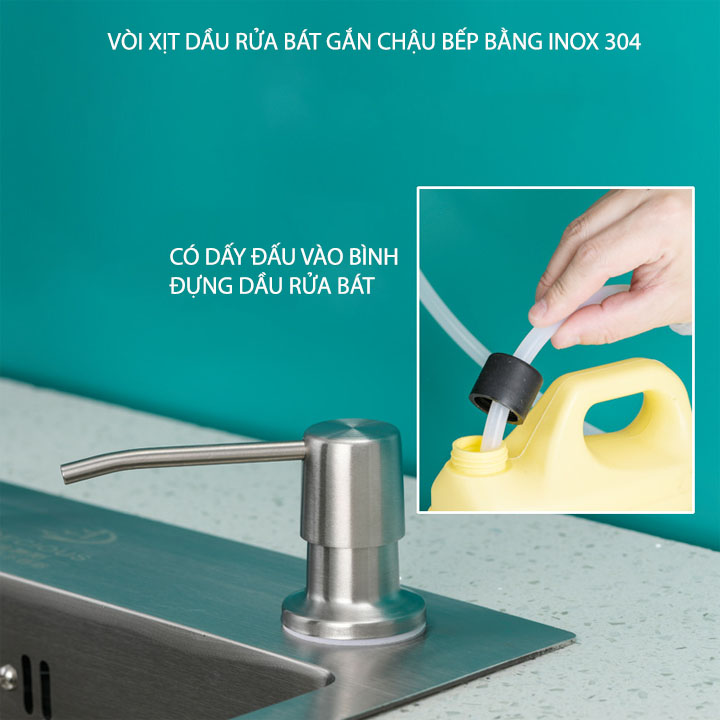 Đầu xịt dầu rửa chén bát gắn chậu bếp, làm bằng inox 304, có ống mềm nối với bình đựng dầu rửa