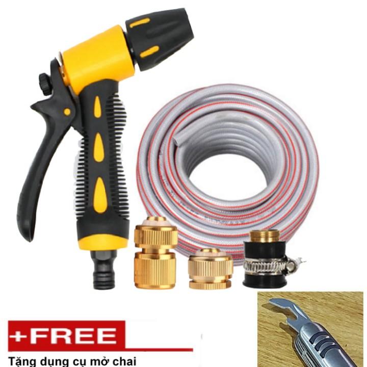 Bộ dây vòi xịt nước rửa xe, tưới cây . tăng áp 3 lần, loại 7m, 10m 206319 đầu đồng,cút đồng+ tặng mở chai