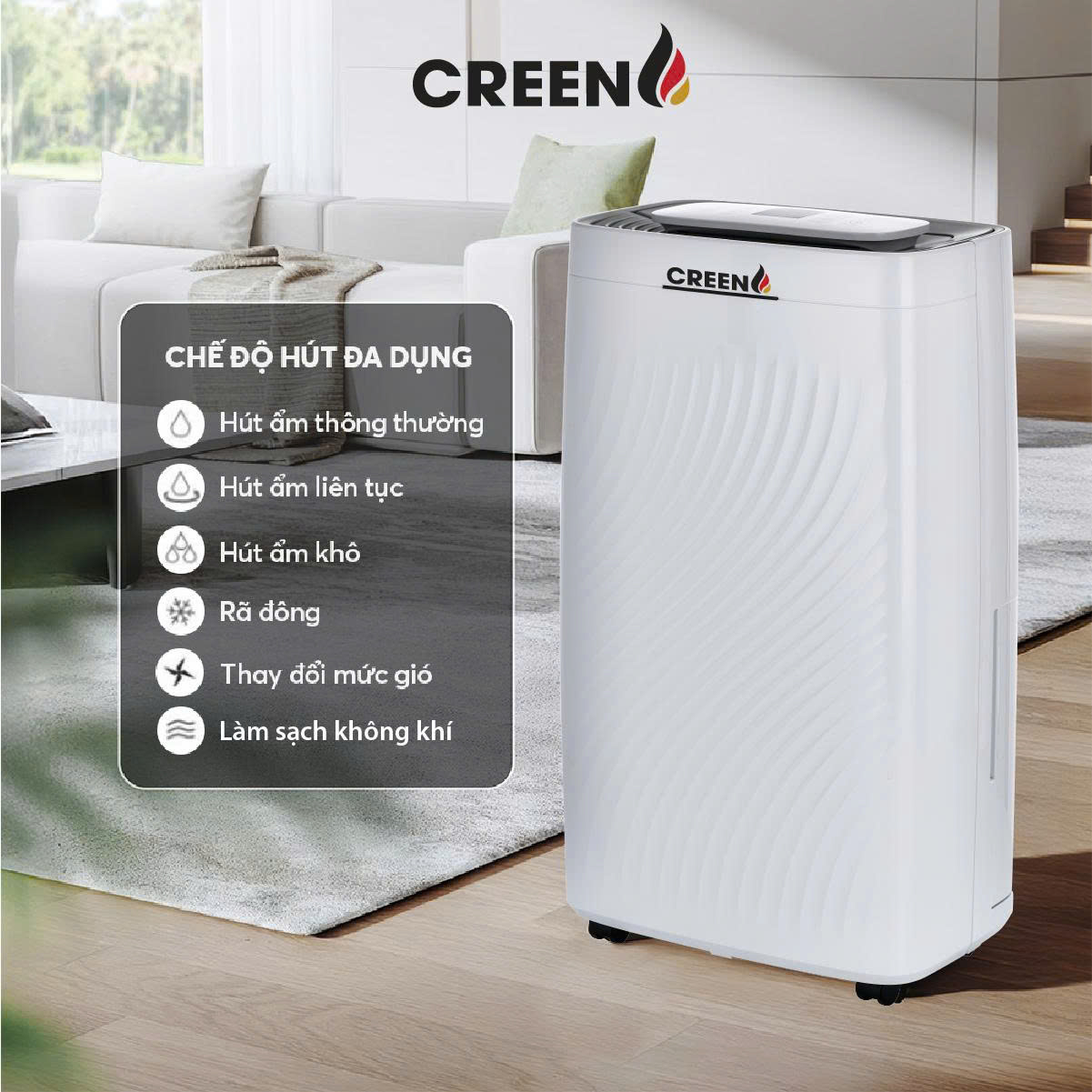 (Model New) Máy Hút Ẩm Lọc Không Khí Creen CR-DE25 - Công Suất 25L/ngày, Khử Khuẩn, Sấy Quần Áo, Hàng Chính Hãng