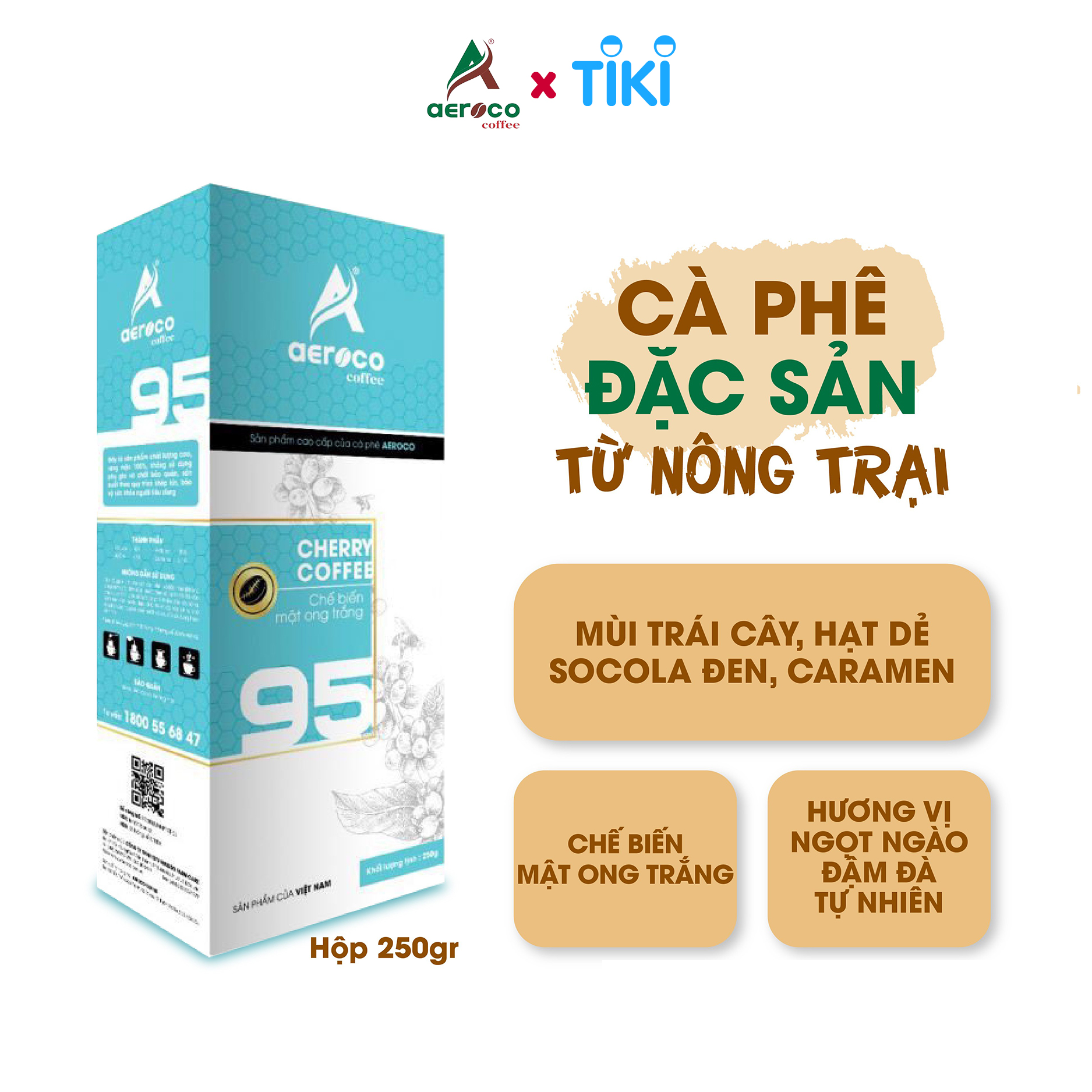 Cà phê bột pha phin AEROCO 95 nguyên chất 100% rang mộc hậu vị ngọt thơm quyến rũ, hộp 250g