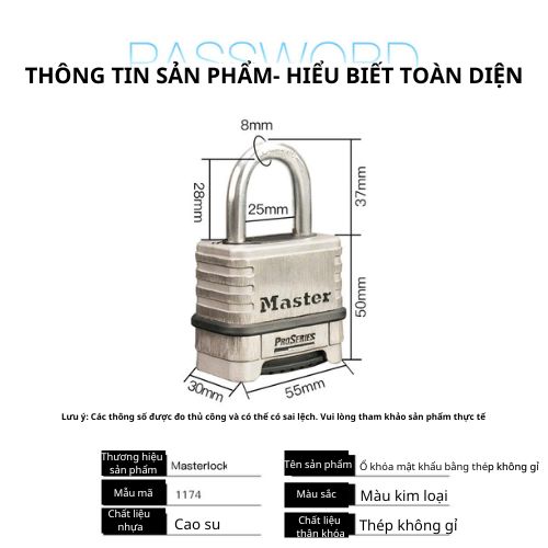 Khóa Inox Chống Gỉ Master Lock 1174 D, Mở khóa bằng cách quay số, không sử dụng chìa.
