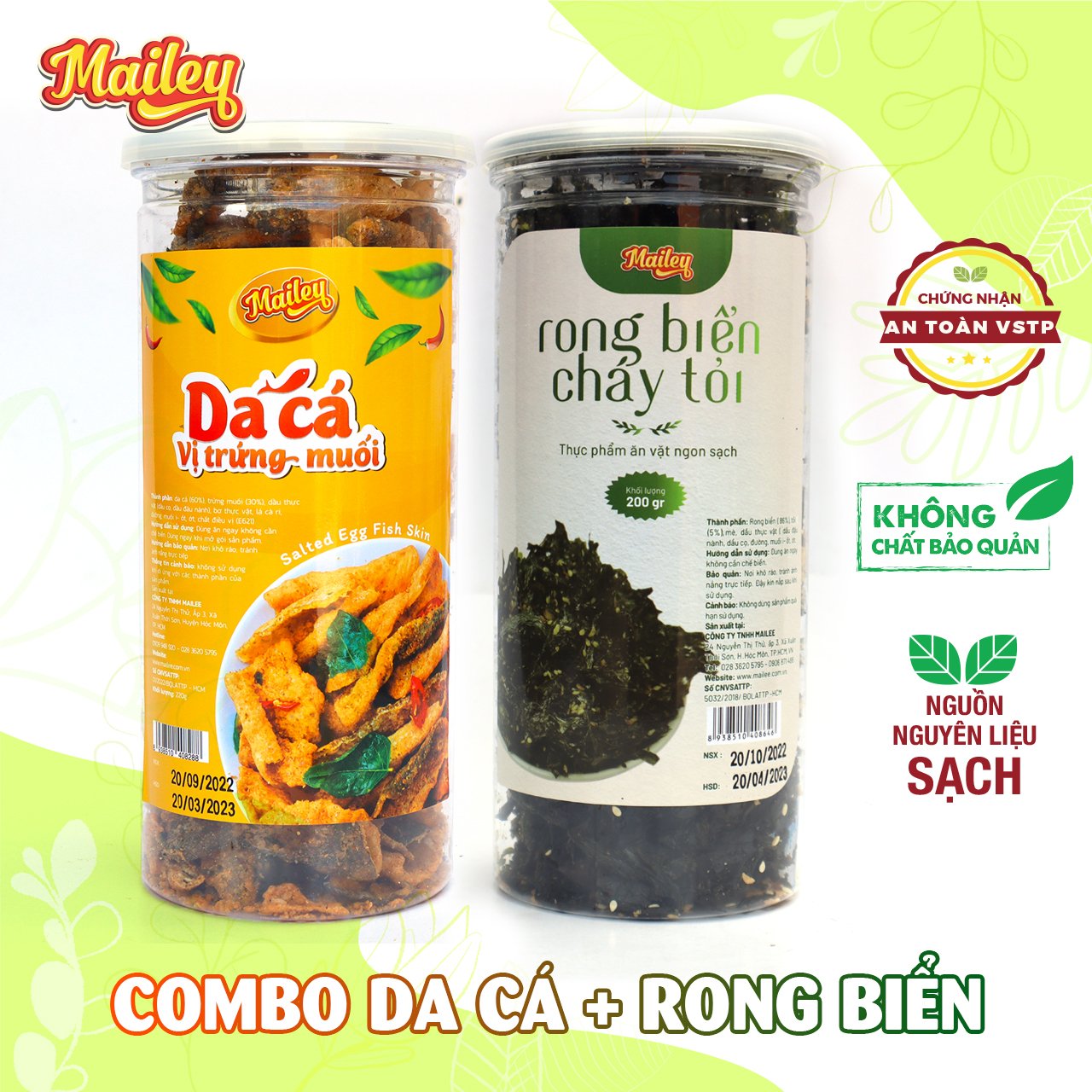 Combo rong biển cháy tỏi hũ 200g và da cá vị trứng muối hũ 220g ăn liền Mailey