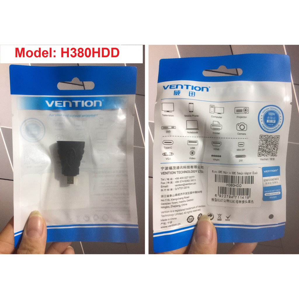 Đầu chuyển Micro HDMI / Mini HDMI ra HDMI Female thương hiệu Vention H380HDD / H380HDC/AGDB0 _ Hàng chính hãng