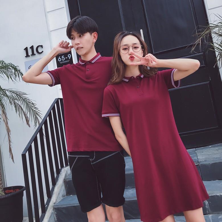 Áo đôi nam nữ ️FREESHIP️ Set áo thun nam ngắn tay kèm váy nữ màu đỏ du lịch chụp hình đẹp