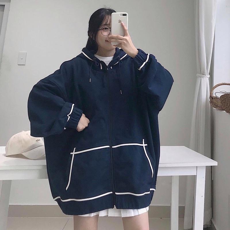Áo Khoác Nỉ TRƠN TAY PHỒNG, Dáng Rộng Viền Trắng Ulzzang STYLE HÀN QUỐC