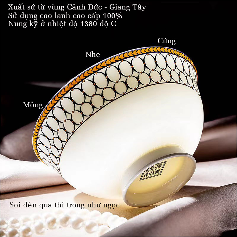 Bộ bát ăn cơm SỨ XƯƠNG Giang Tây cao cấp 60 chi tiết - Bộ chén ăn cơm sang trọng, tinh tế - Bát đĩa mỏng nhẹ nhưng cứng trong và cách nhiệt tốt. Mã GS23