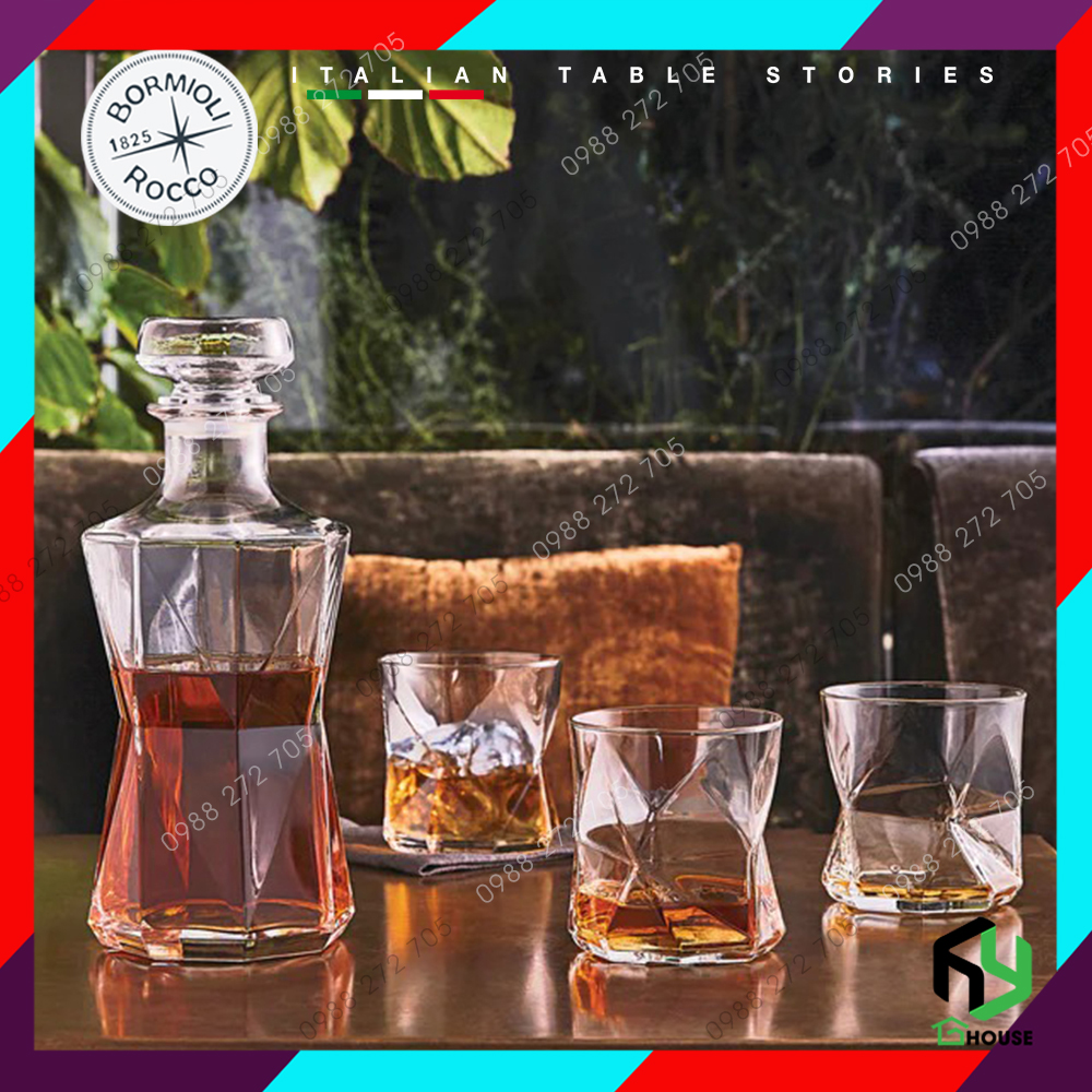 Bộ bình thủy tinh đựng rư ợu và 6 ly rock CASSIOPEA cao cấp - Bormioli Rocco - Made in Italy