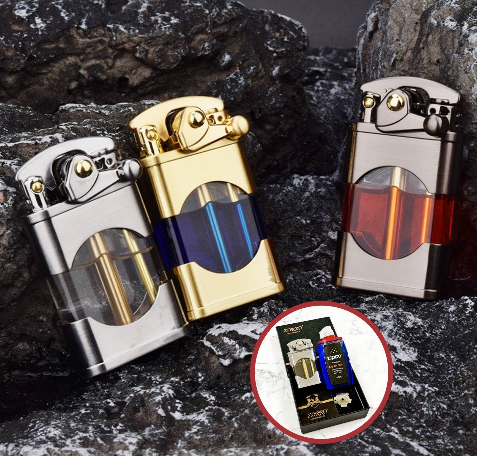 SET Bật lửa hột quẹt xăng lộ thiên Z660 búng tay đánh lửa kèm chai xăng - xài xăng