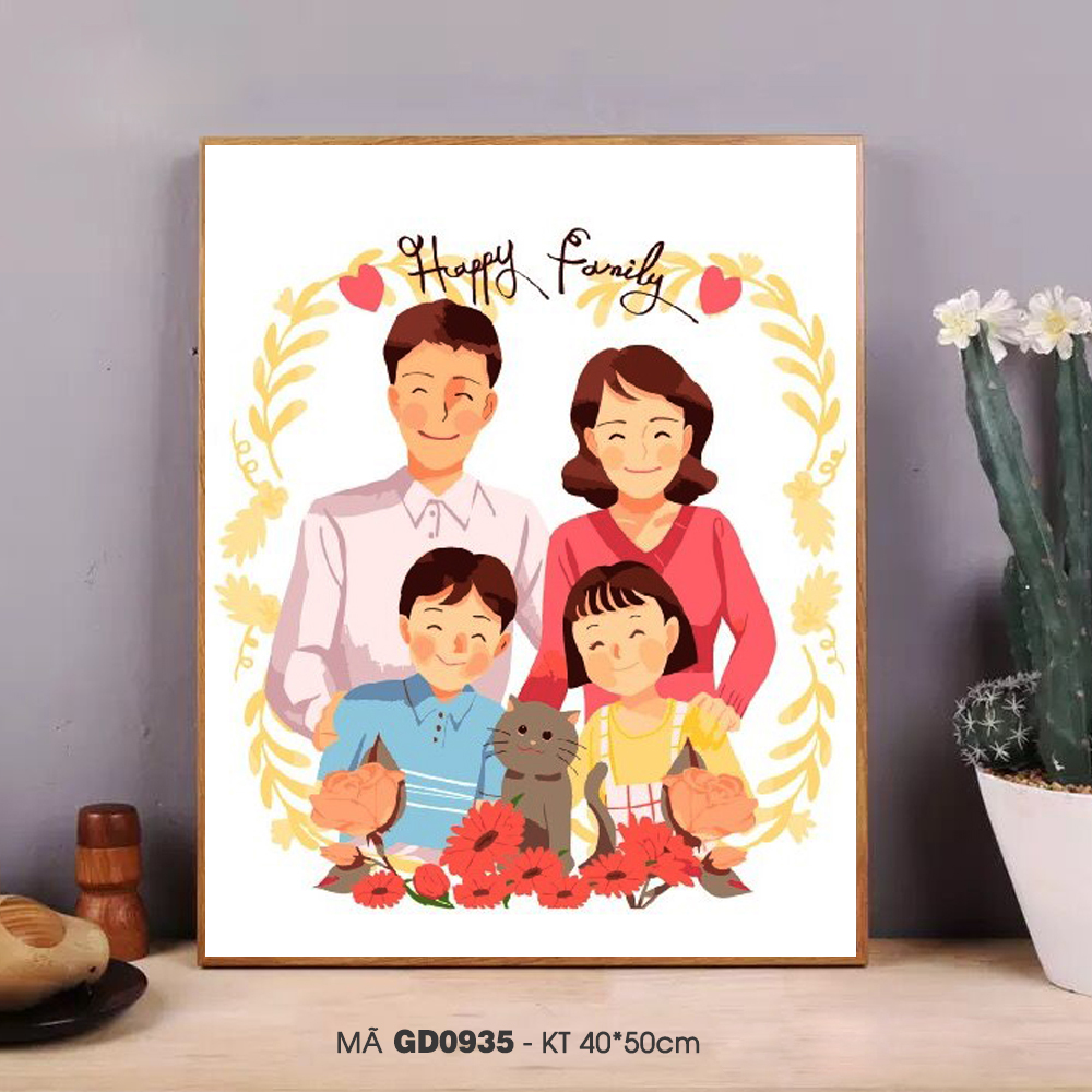 Tranh tô màu số hóa Tranh gia đình hạnh phúc cute đơn giản dễ vẽ GD0935 Happy family