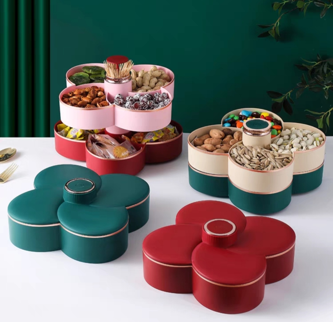 Khay đựng mứt tết Hoa Đào Tết 2 Tầng kèm lọ đựng tăn 2 in 1 - Khay đựng đồ ngày tết: Bánh kẹo, trái cây, đồ sấy
