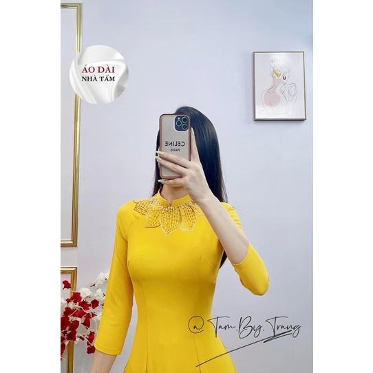 Áo dài lụa mỹ cao cấp kết hoa sen kèm quần