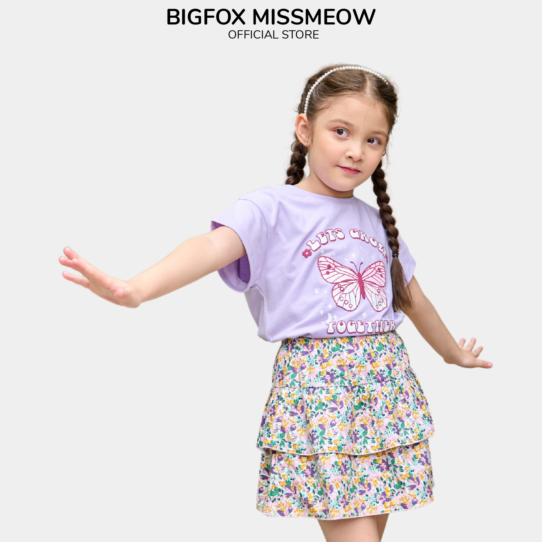 Đồ bộ bé gái Bigfox Miss Meow size đại mùa hè, áo thun tay ngắn phối chân váy in Bướm Let's Grow cỡ 3-11 tuổi 30kg 40kg