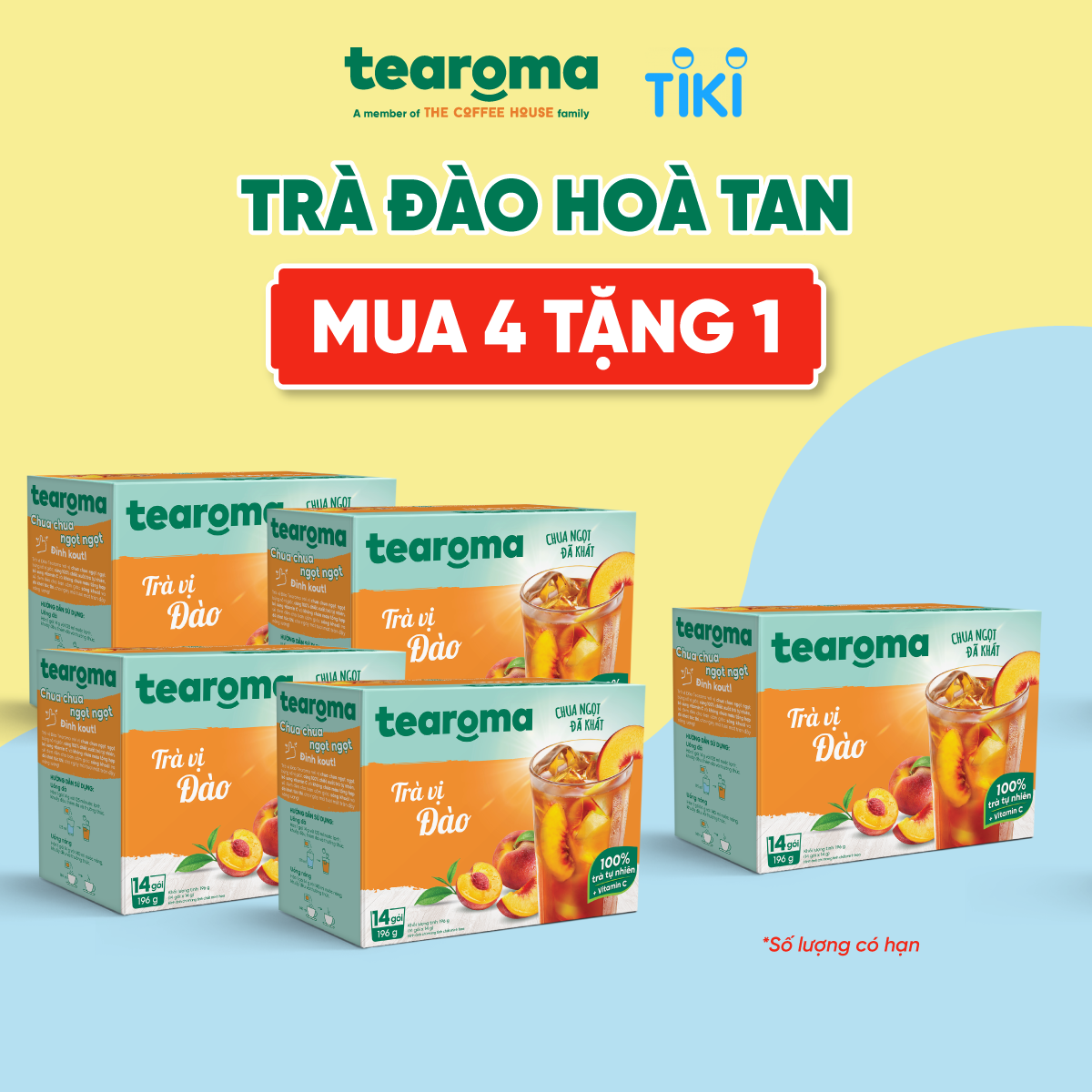 [MUA 3 TẶNG 1] Trà Tearoma hòa tan vị Đào hộp 196g (14 gói x 14g)