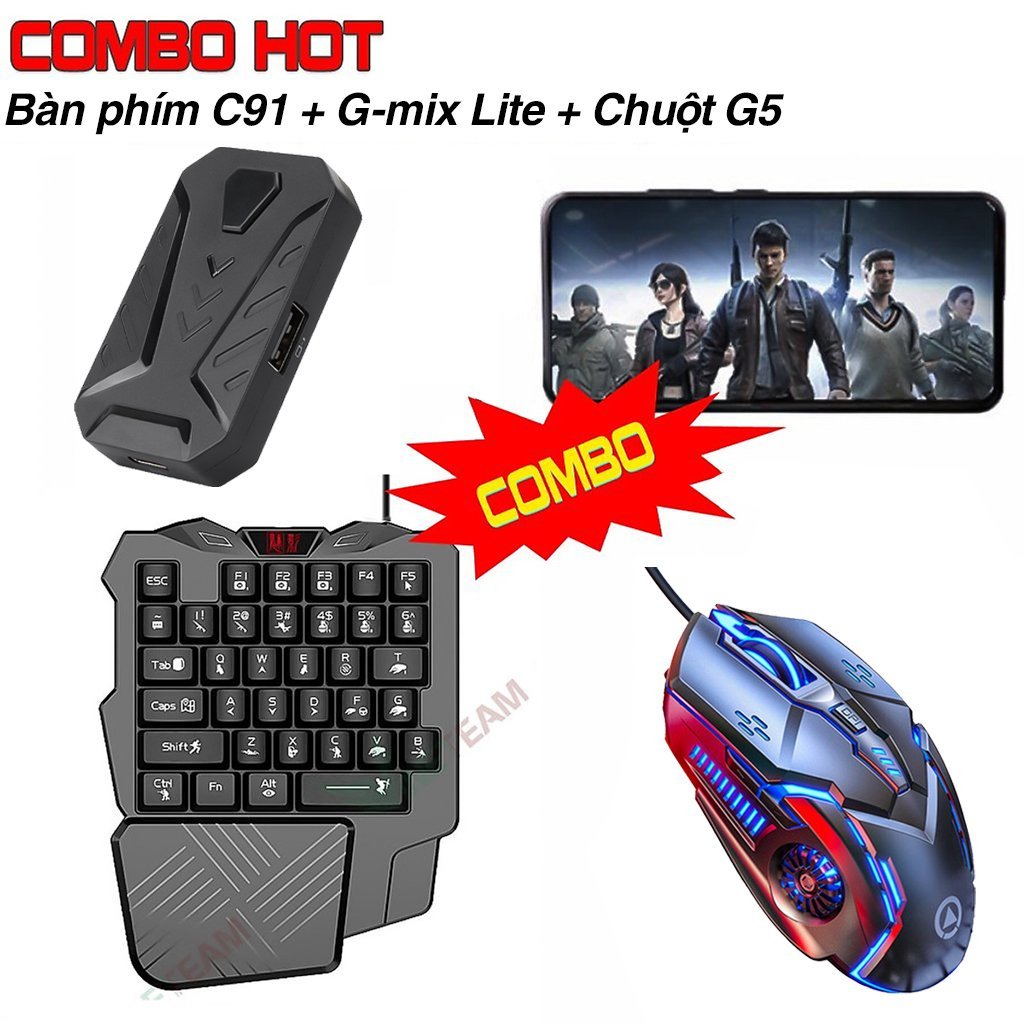 Vinetteam Combo Bộ Chuyển Đổi Chơi Game Gmix Lite + Bàn Phím C91 + Chuột G5 Hỗ Trợ Chơi Game Pubg Mobile COD Freefire World of Tank - Hàng Chính Hãng