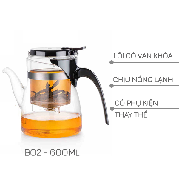 Ấm trà thủy tinh chịu nhiệt Có Van Khóa B02 - 600ml /900ml - Bình trà thủy tinh lõi lọc có van khóa Samahome Shop