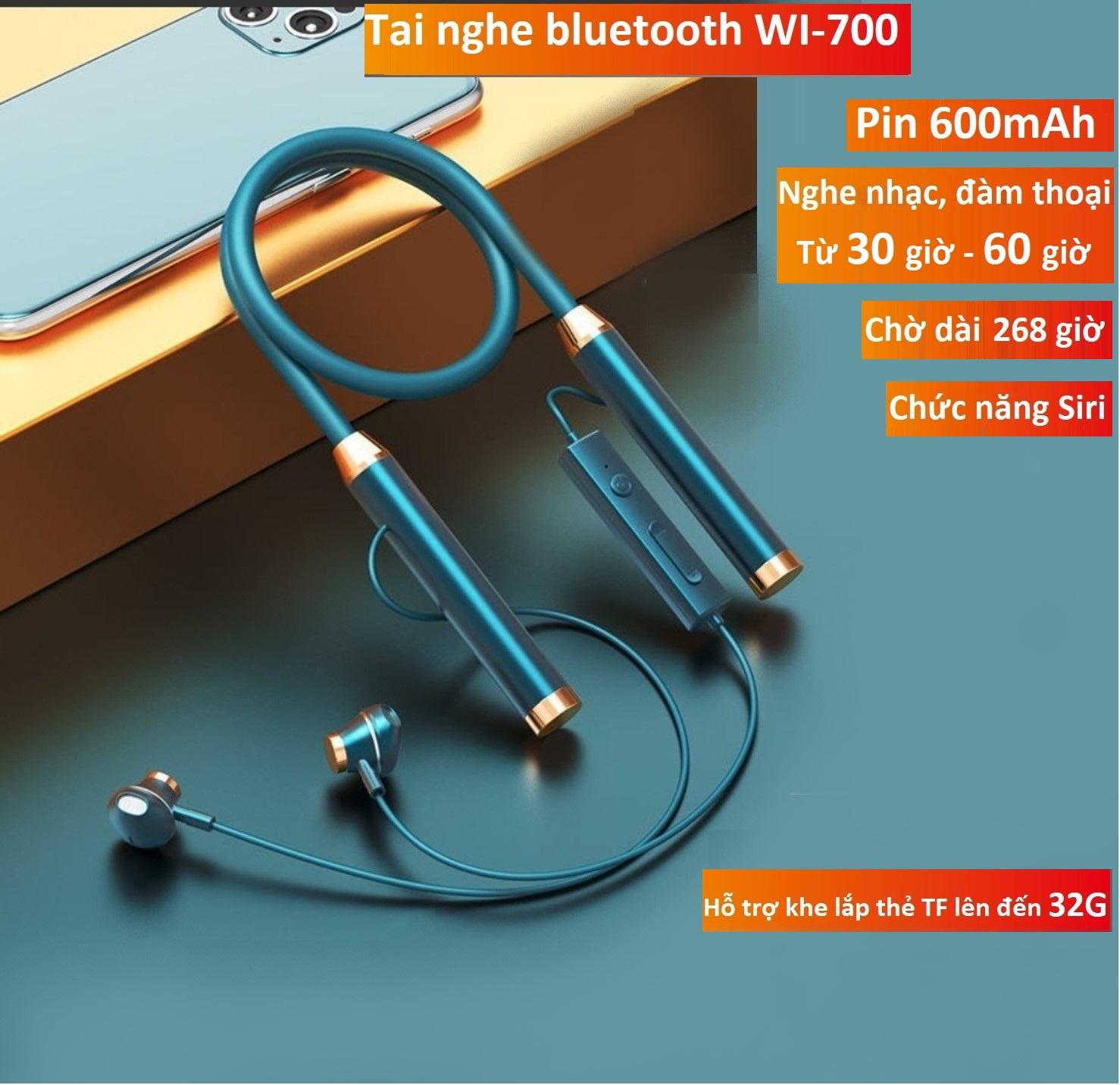 Tai nghe bluetooth không dây 5.1 Pin kép 600mAh, nghe nhạc và đàm thoại từ 30h đến 60h, chờ dài 268h, chức năng Siri, hỗ trợ khe lắp thẻ nhớ lên đến 32G.