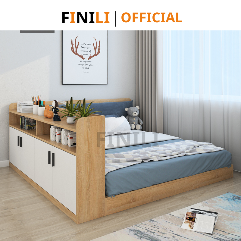 [FREESHIP TPHCM ]Giường ngủ bệt kèm kệ sách kiểu nhật thương hiệu FINILI cho nhà ở, căn hộ, home FNL0902