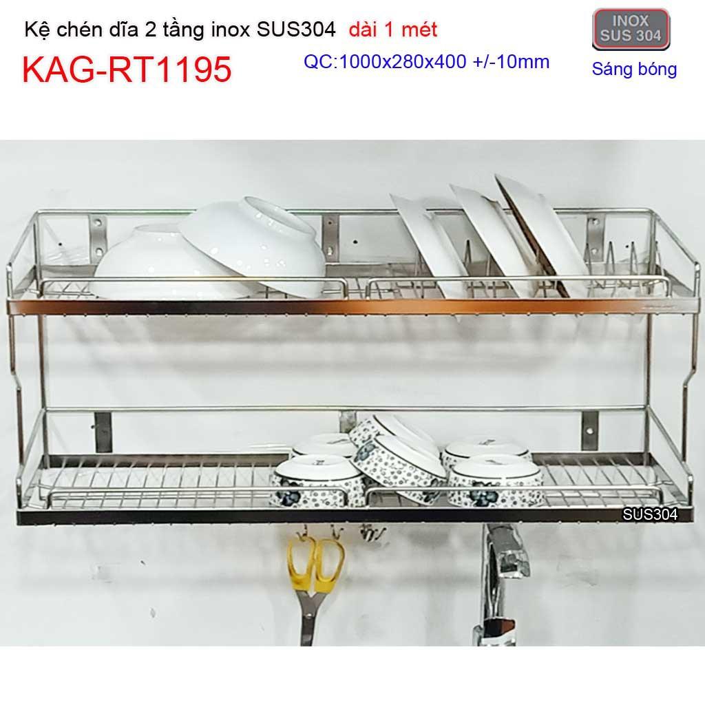 Kệ đựng chén bát inox SUS304 KAG-RT1195- dài 1m, kệ úp chén dĩa 2 tầng inox 304 dài 100cm