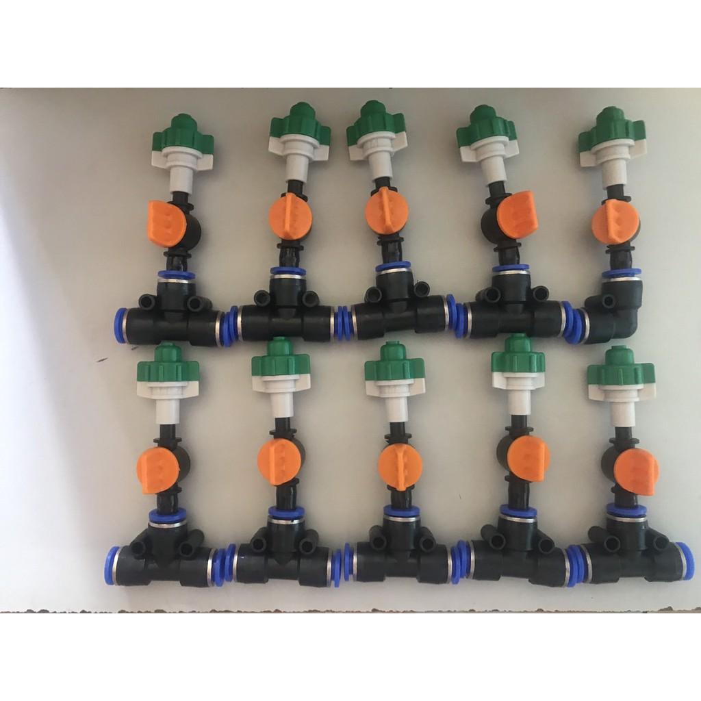 10 Béc phun sương 1 hướng xanh có van khóa kèm T nối ống 8mm