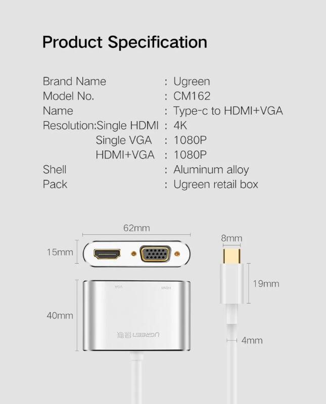 Ugreen UG50317CM162TK 15CM màu Trắng Bộ chuyển đổi TYPE C sang HDMI + VGA vỏ bọc nhôm - HÀNG CHÍNH HÃNG