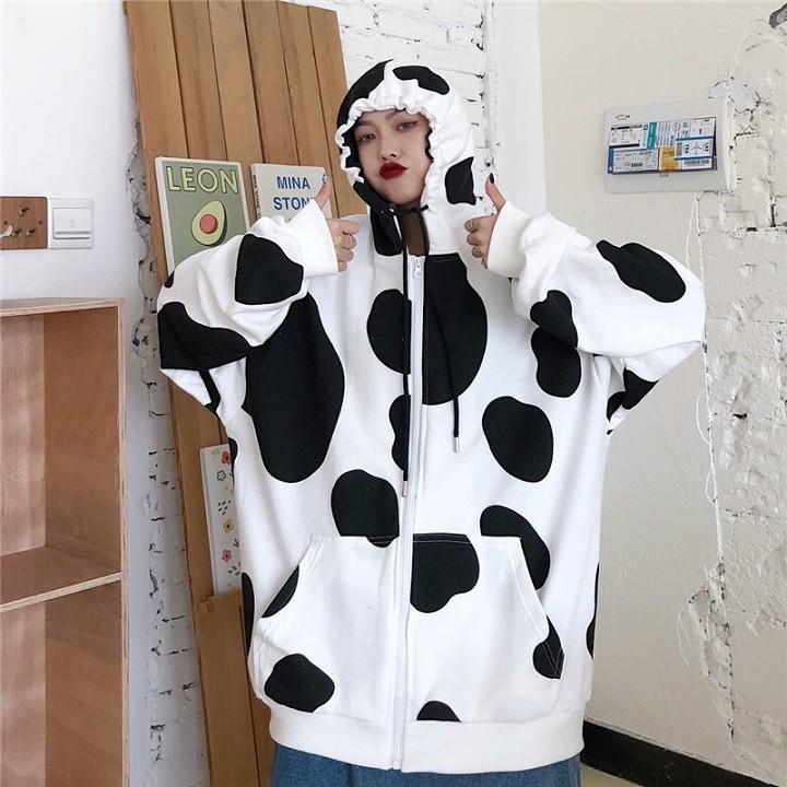 Áo Hoodie Bò Sữa - Áo Khoác Nỉ Bông Zip Kéo Bò Sữa Form Rộng Unisex Nam Nữ Ulzzang Iteam