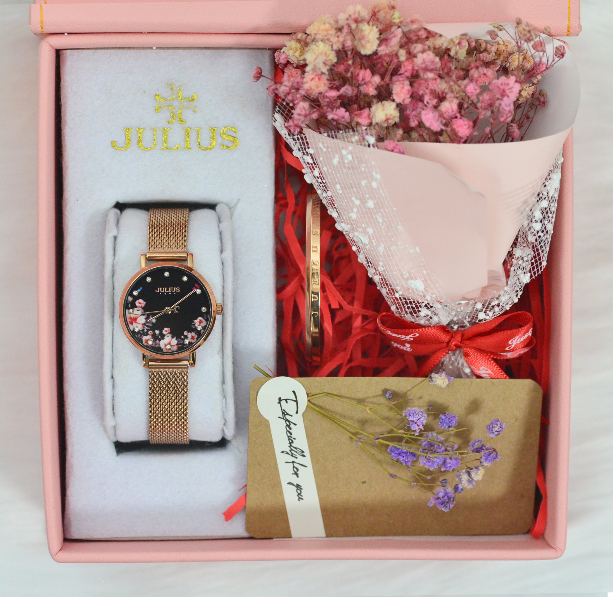 Combo đồng hồ nữ Julius Hàn Quốc JA-1164 dây kim loại hộp da cao cấp sang trọng kèm lắc tay vàng hồng