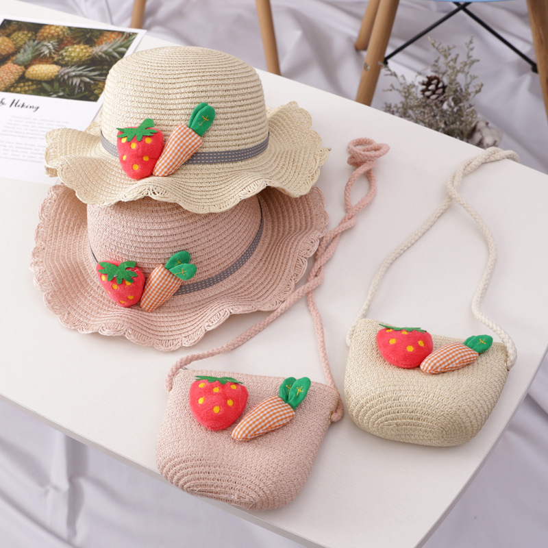 Set mũ cói cà rốt dâu tây + túi xách cói đi biển thời trang cho bé gái
