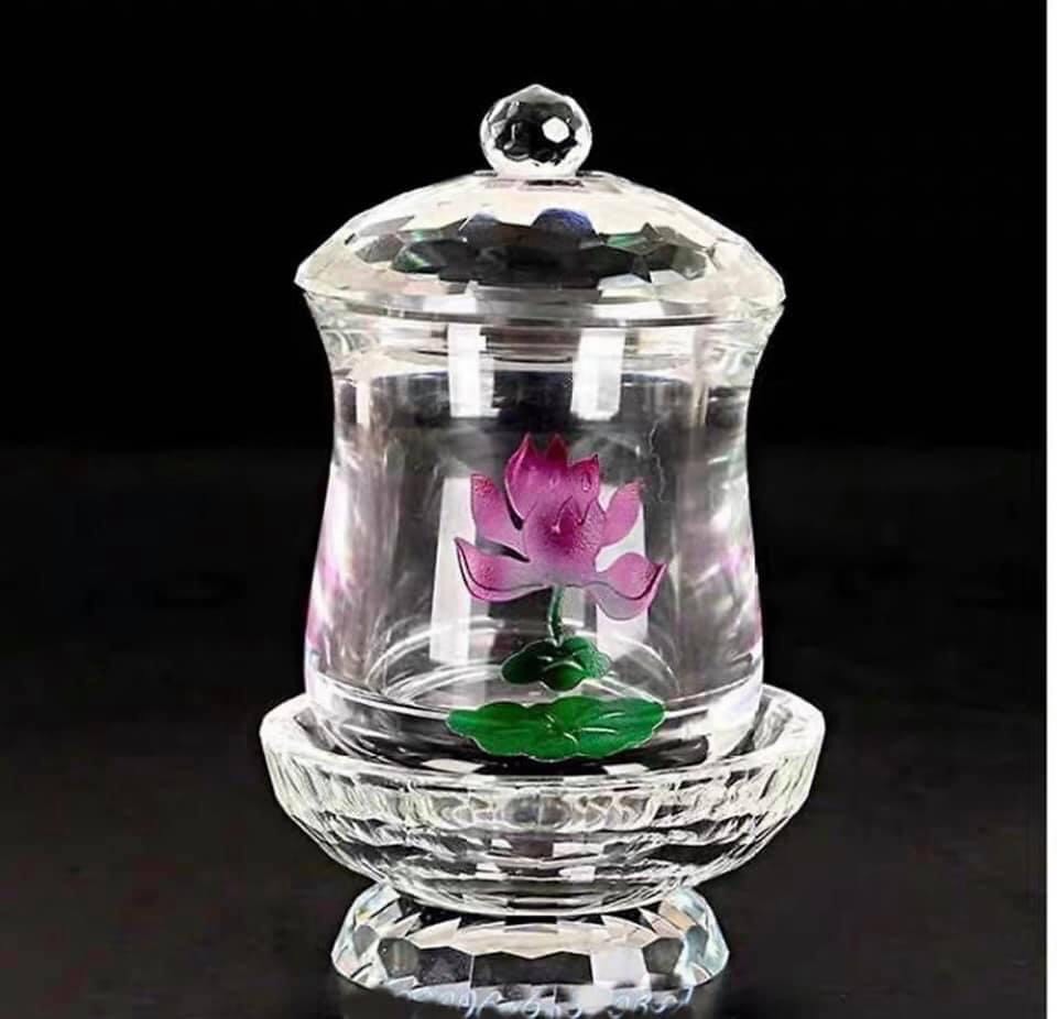 Chén nước thờ fa lê , ly nước cúng Phật có đế và nắp KH8299