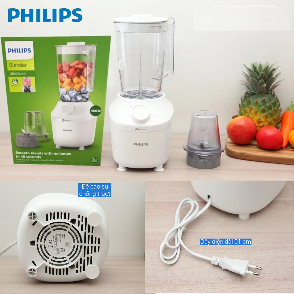 Máy xay sinh tố 2 cối Philips HR2041/10 công suất 450W, xuất xứ Indonesia - Hàng chính hãng