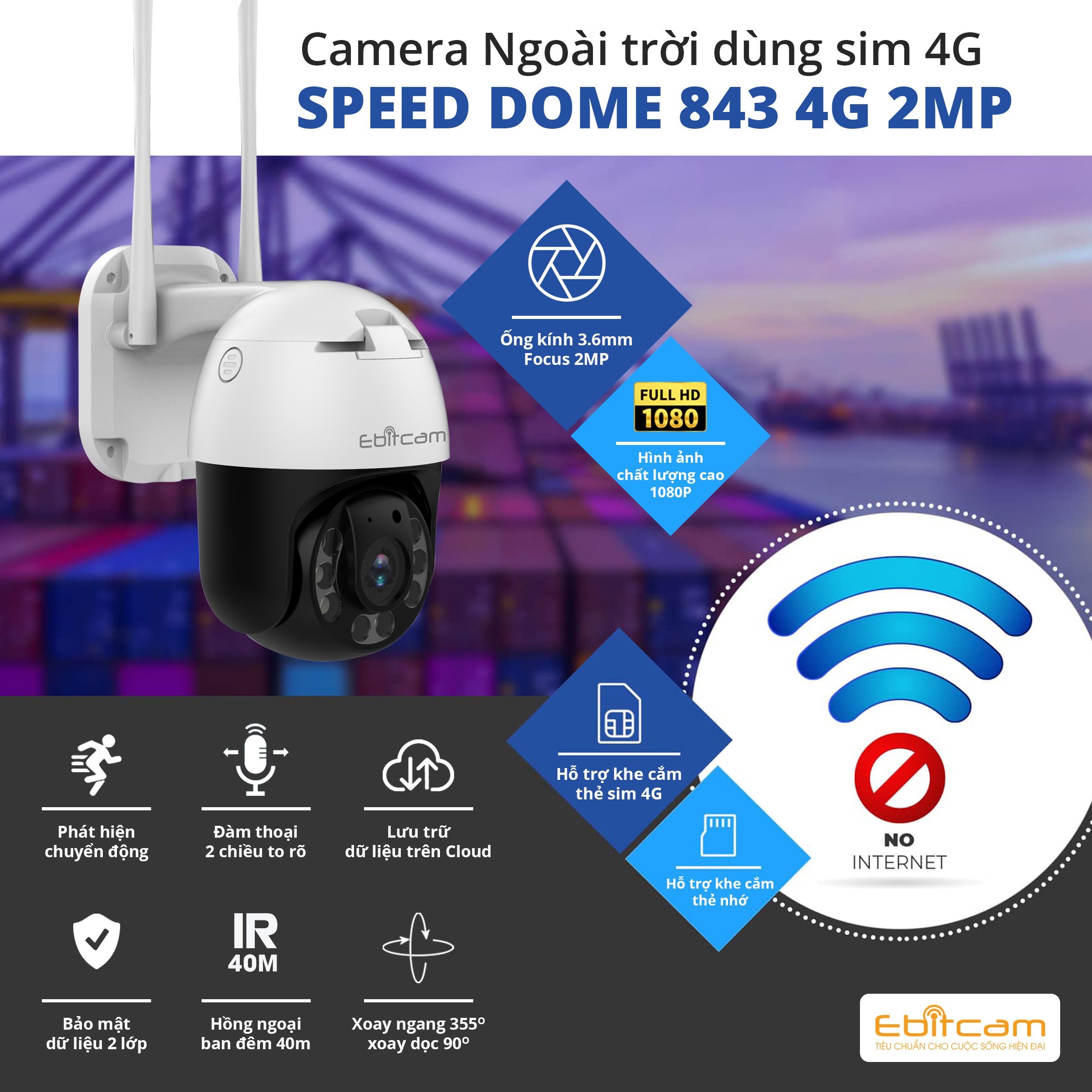 Camera IP Speed Dome EBITCAM ET-843 2MP dùng sim 4G - Hàng chính hãng