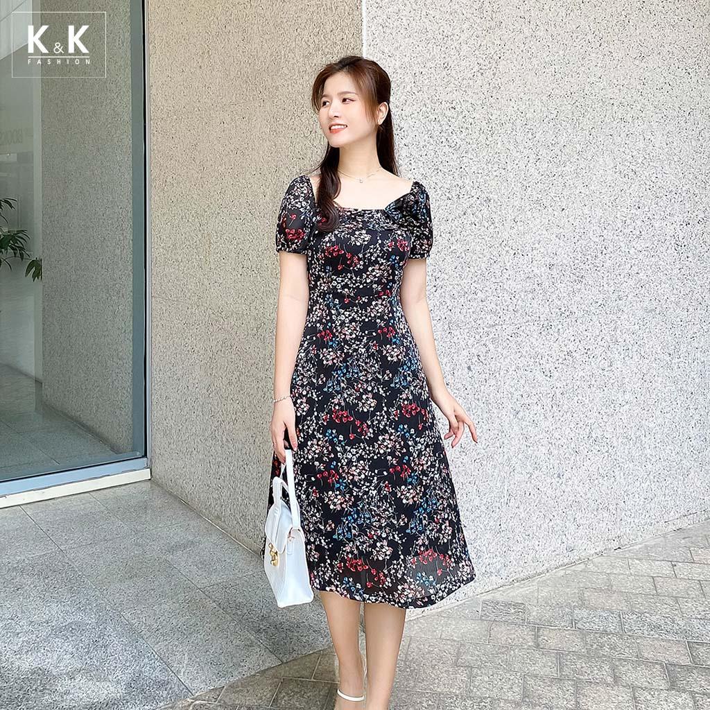 Đầm Đen Hoa Dáng Xòe Cổ Vuông K&amp;K Fashion KK130-27 Chất Liệu Tằm Ý Sớ Gân