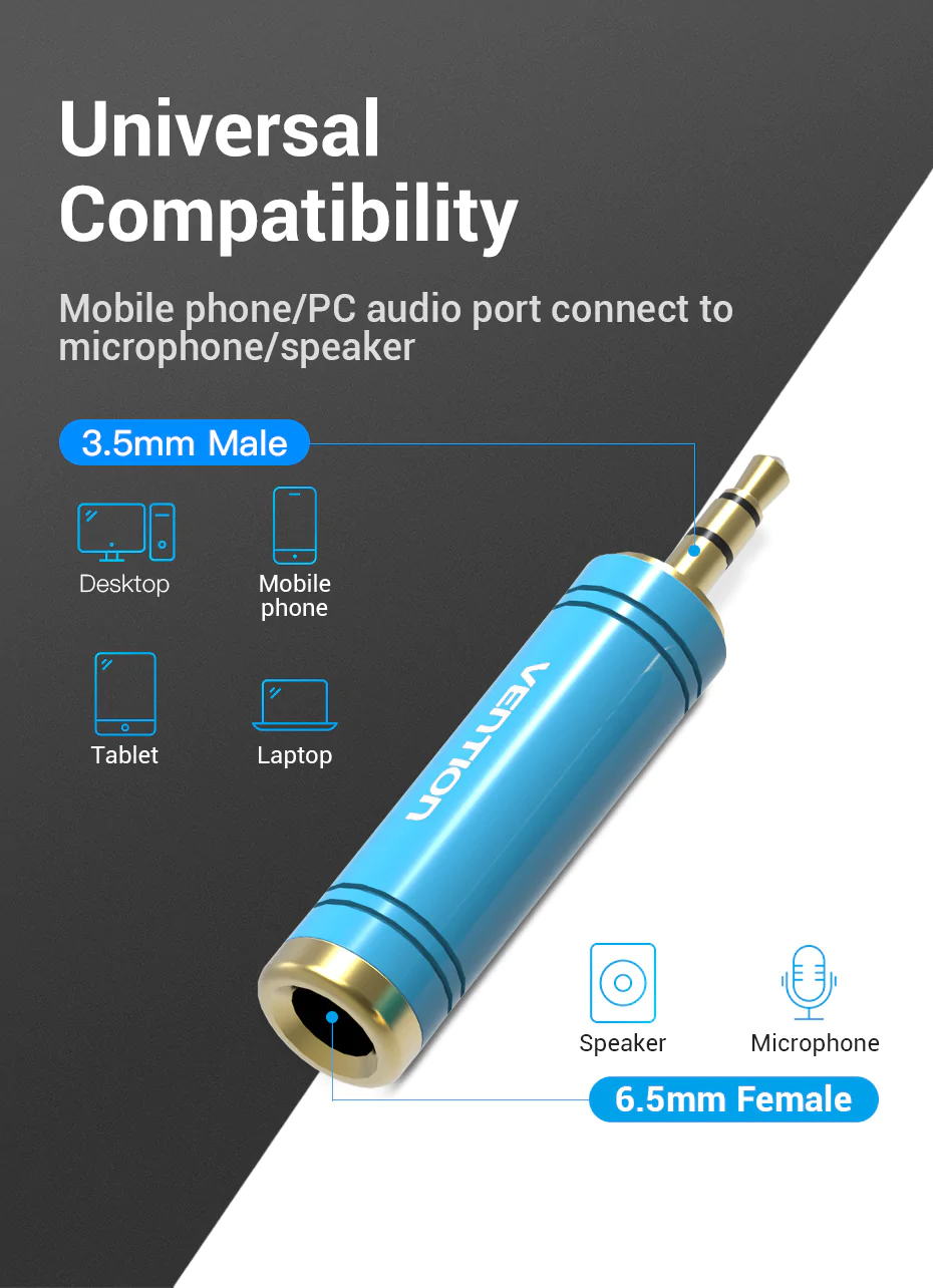 Đầu chuyển audio 3.5 male ra 6.5 Female Vention VABS04 - Hàng chính hãng