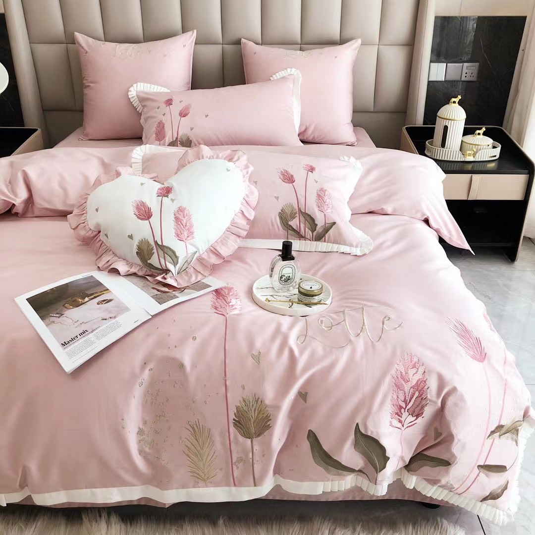 Bộ Chăn Ga Gối Đệm 5 Món Chăn Chần Bông Lụa Thêu 100s Hin Home Bedding Drap Giường Lụa