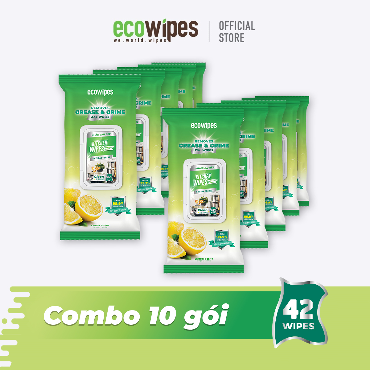 Combo 10 gói khăn giấy ướt lau bếp KitchenWipes gói 42 tờ size 30x20cm giúp làm sạch dầu mỡ các vết bẩn cứng đầu