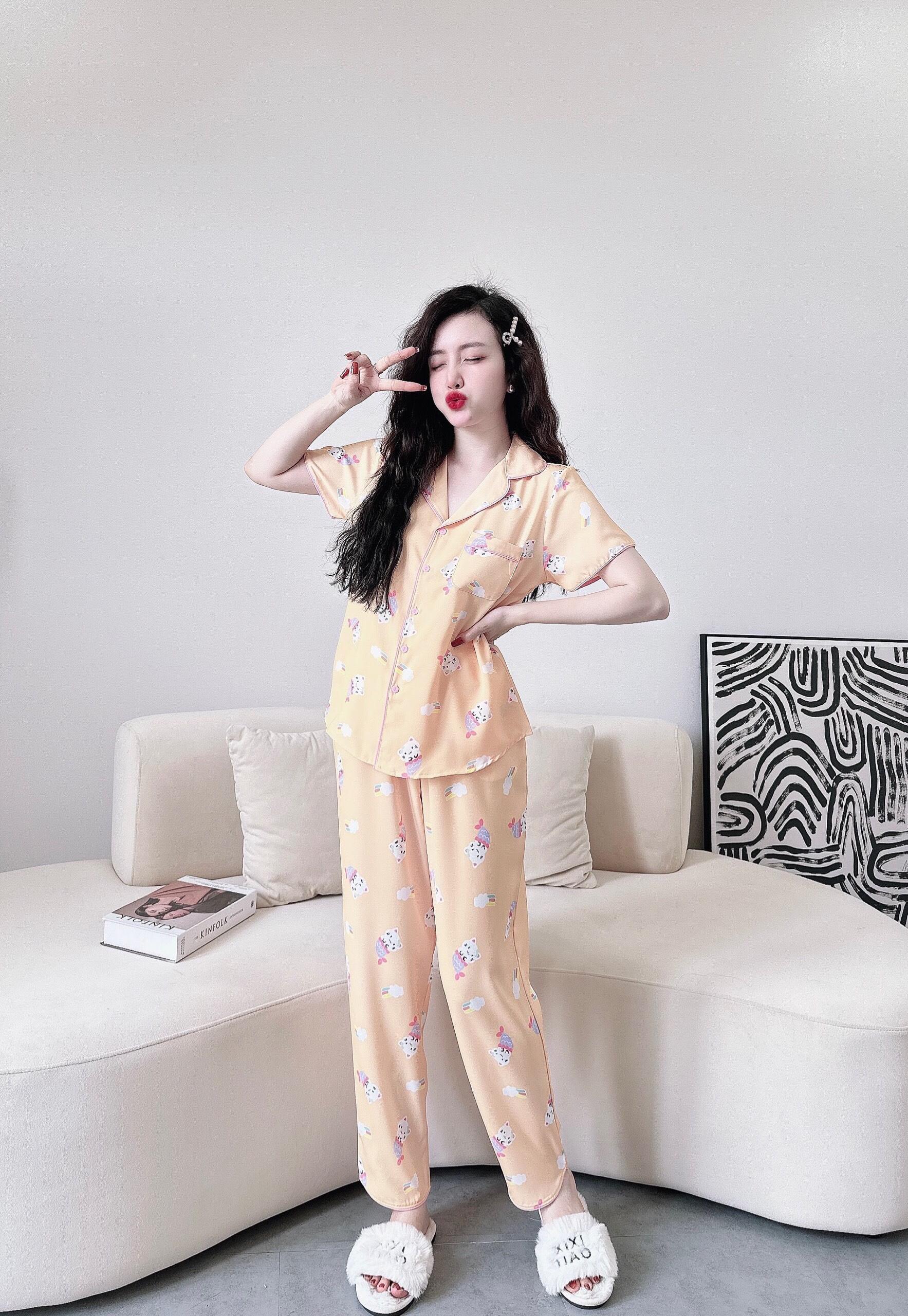 Đồ Bộ Pijama Nữ , Đồ Bộ Mặc Nhà Nữ Tay Ngắn, Quần Dài Chất Lụa Cao Cấp, Không Nhăn DBTNQD34