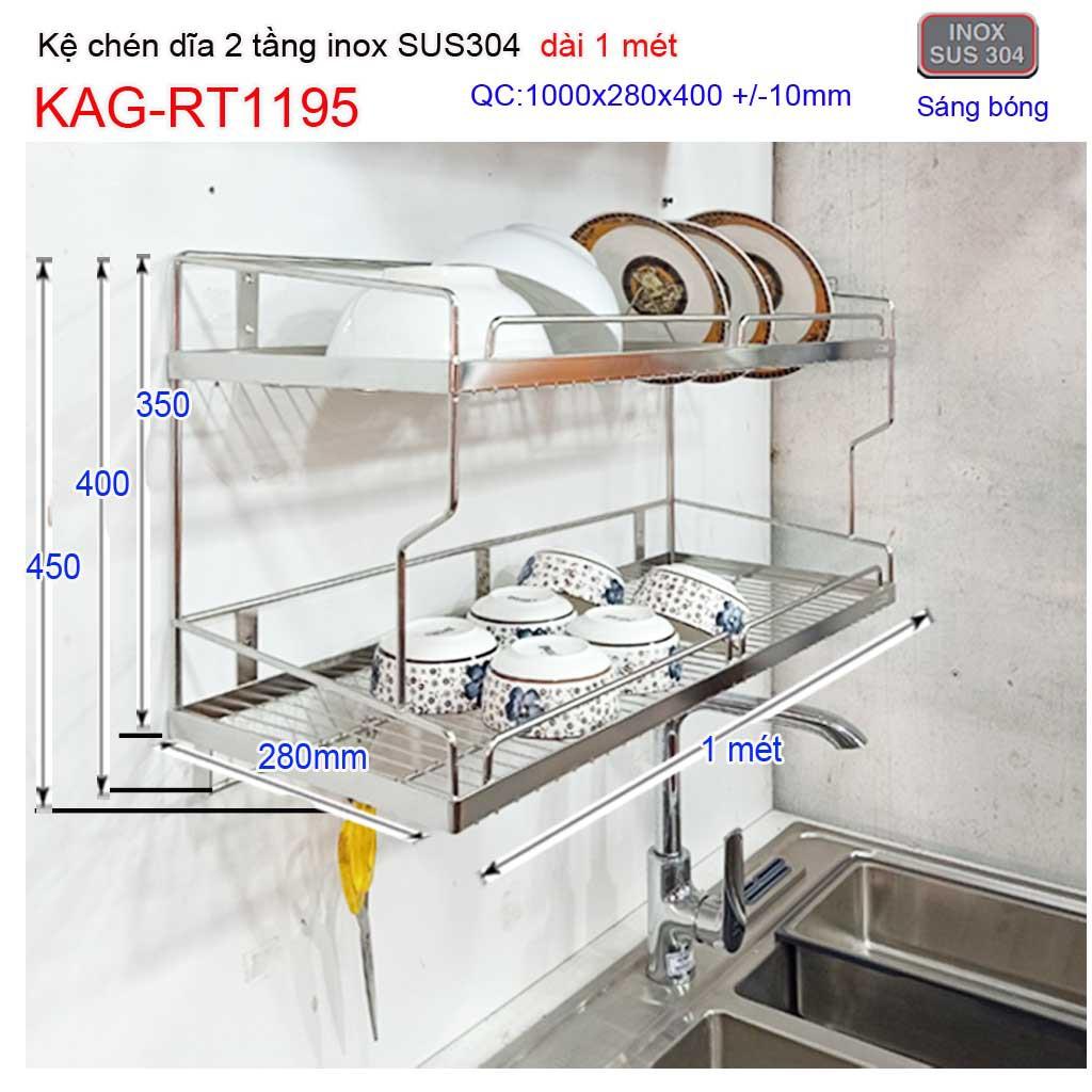 Kệ đựng chén bát inox SUS304 KAG-RT1195- dài 1m, kệ úp chén dĩa 2 tầng inox 304 dài 100cm