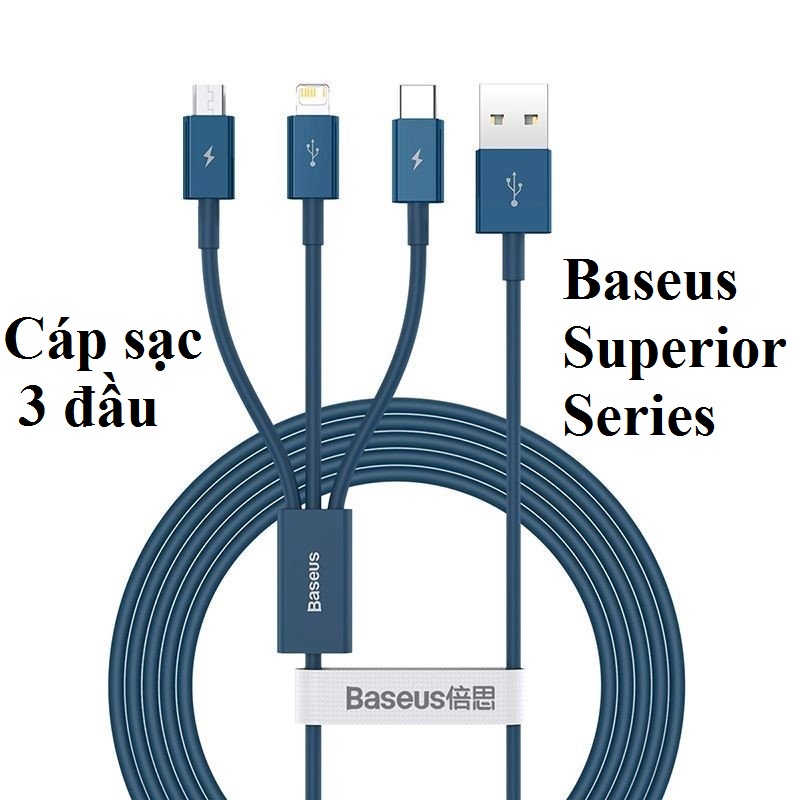 Cáp đa năng 3 đầu ip+M+C năng dòng sạc 3.5A Baseus Superior Series CAMLTYS-02 1.5M màu ngẫu nhiên -Hàng chính hãng