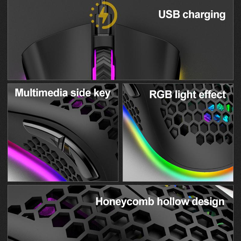 2.4GHz Không Dây Chơi Game 1600 DPI Có Thể Điều Chỉnh RGB Backlit Sạc Chuột Nhẹ Tổ Ong Vỏ Game Thủ Chuột